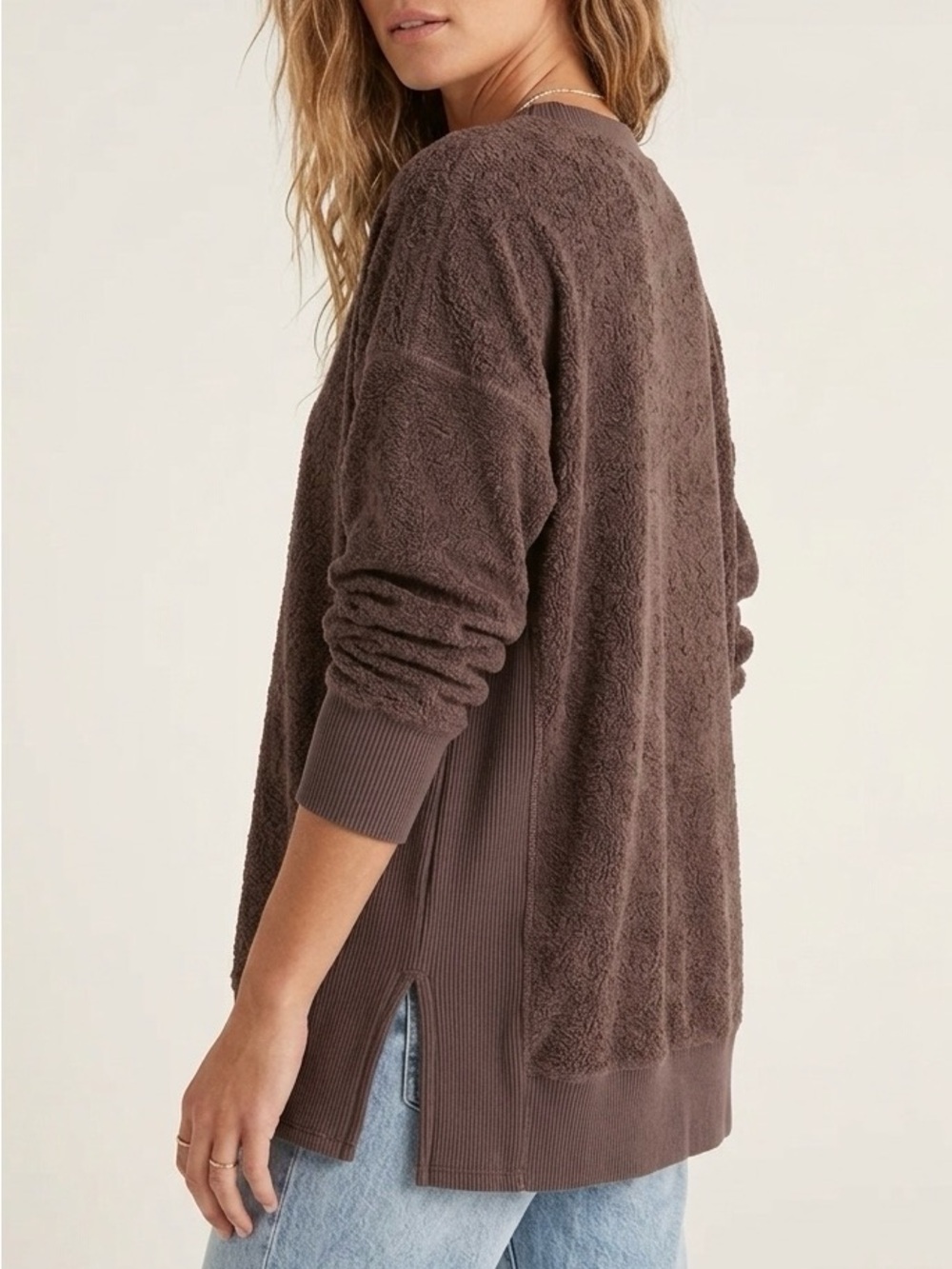 Aerie Chilled Out Oversized Sherpa Crewneck Deep Brown Sweatshirt M Minimalist